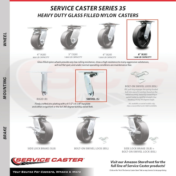 Service Caster 8 Inch Glass Filled Nylon Swivel Caster Set with Roller Bearings 2 Brakes SCC SCC-35S820-GFNR-2-SLB-2 - main